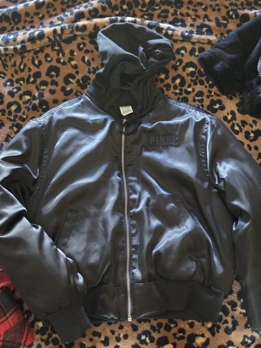 PINK Victoria's Secret Black Satin Hooded Bomber Jacket